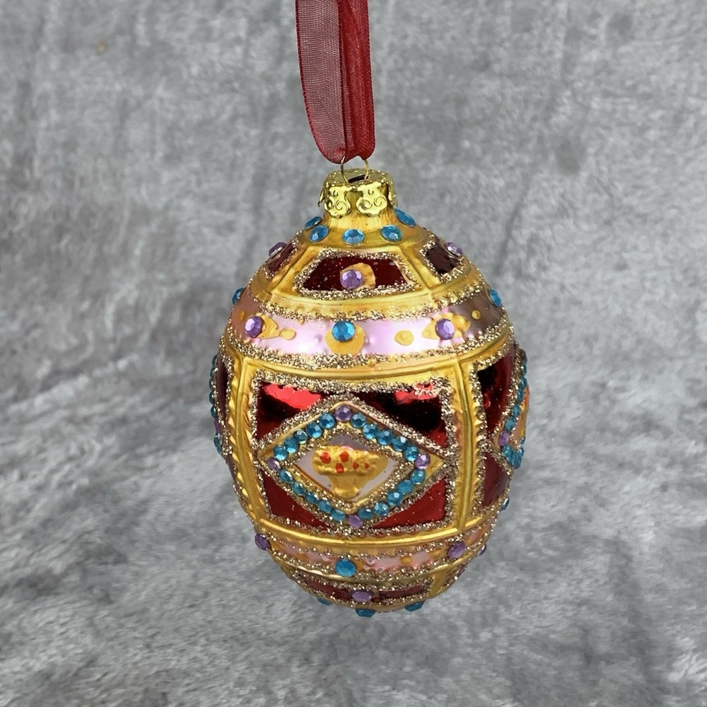 Joan Rivers Ornate Style Egg Ornament Red Gold & Pink Rhinestone Accents 3 X 4"